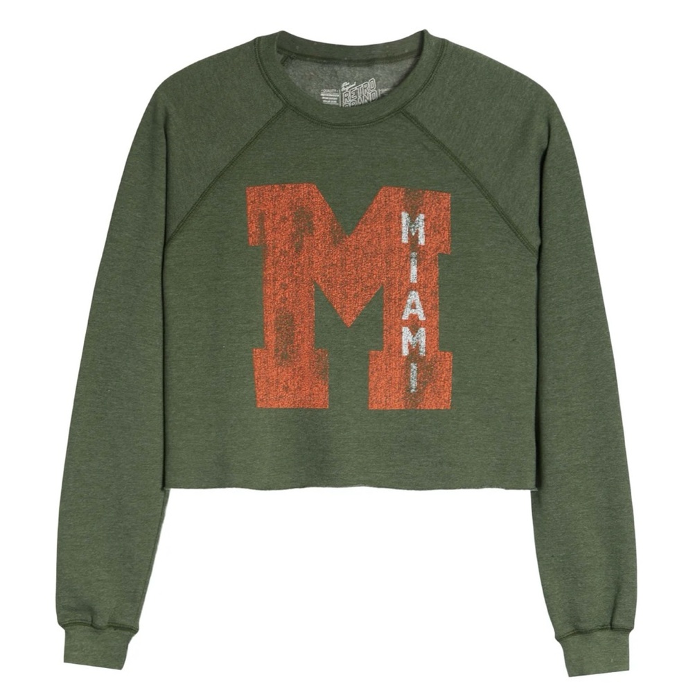 NWT Original Retro Brand Women’s Cropped Green University of Miami Sweatshirt